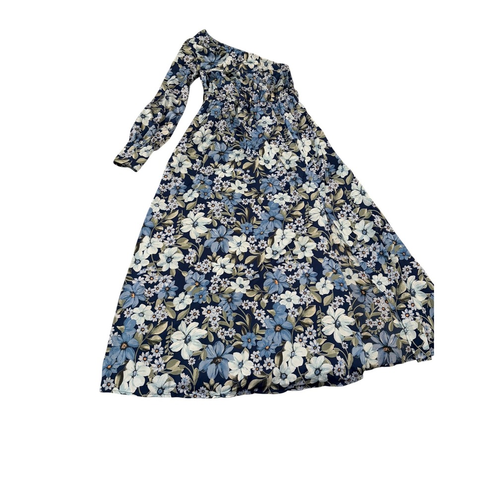 Kirundo Womens Blue Floral One Shoulder Maxi Dress Long Sleeve Smocked Waist S
